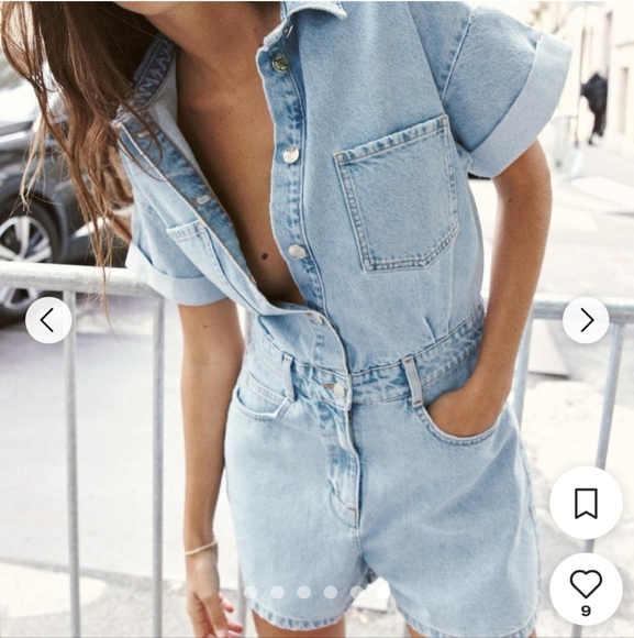 WOMEN'S ZARA DENIM JEAN ROMPER JUMPSUIT SHORTS SZ LARGE $49 - Picture 1 of 4